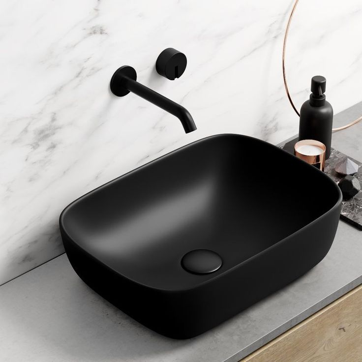 Modern Elegant Matt Black Curved Rectangular Counter Top Basin 465mm